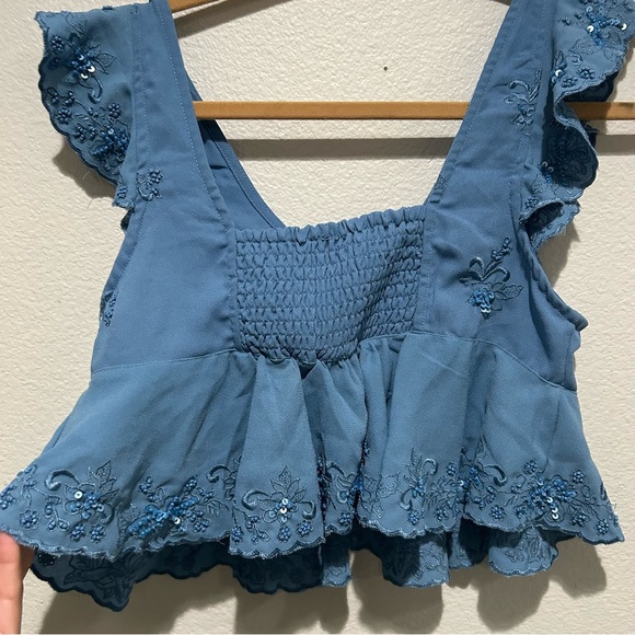 Free People Hard To Handle Top small blue beaded flutter sleeve - Picture 9 of 10